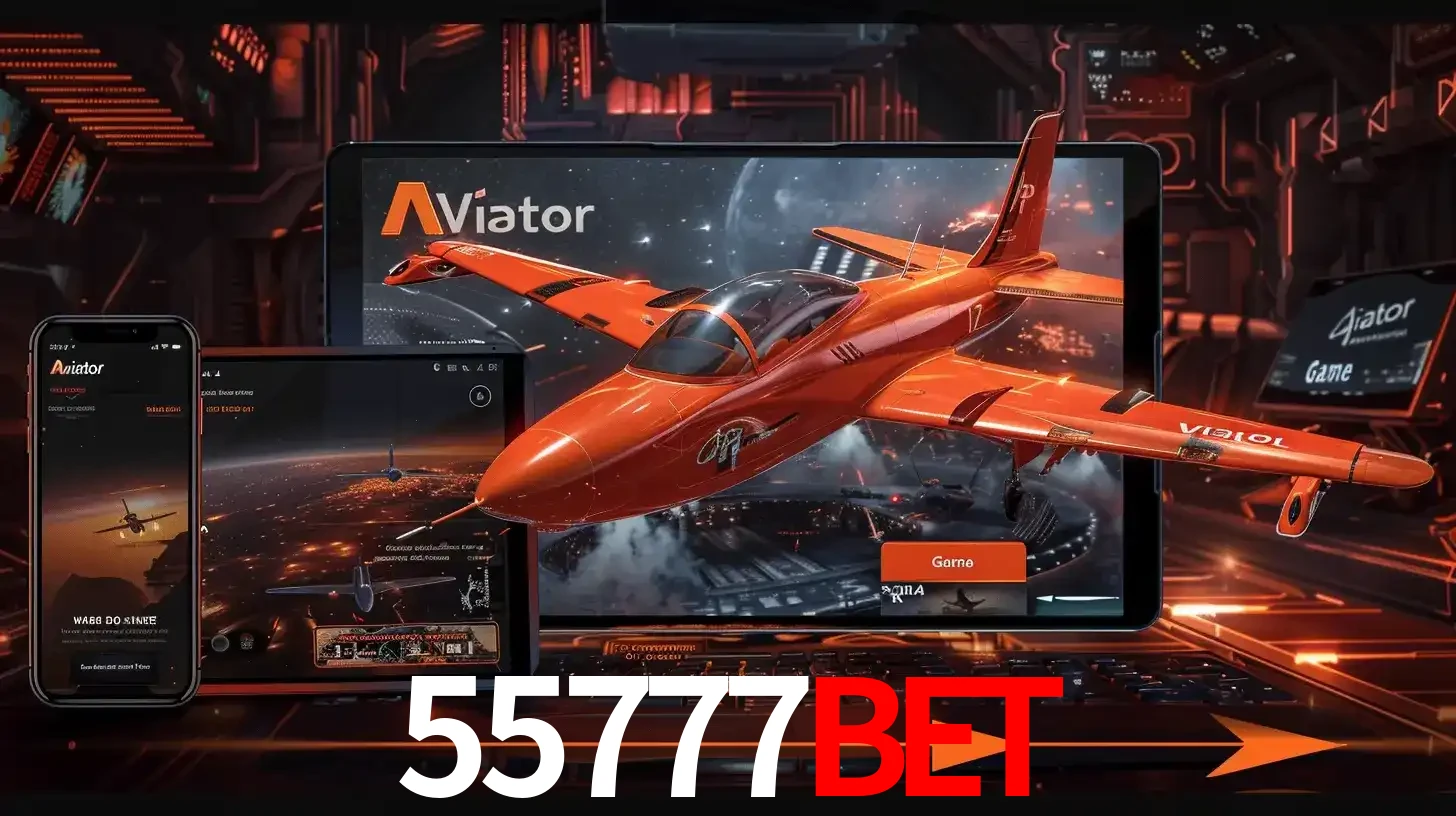 Apresentação tecnológica do jogo Aviator com um avião saindo da tela de um tablet, demonstrando a experiência imersiva em múltiplos dispositivos no 55777BET.