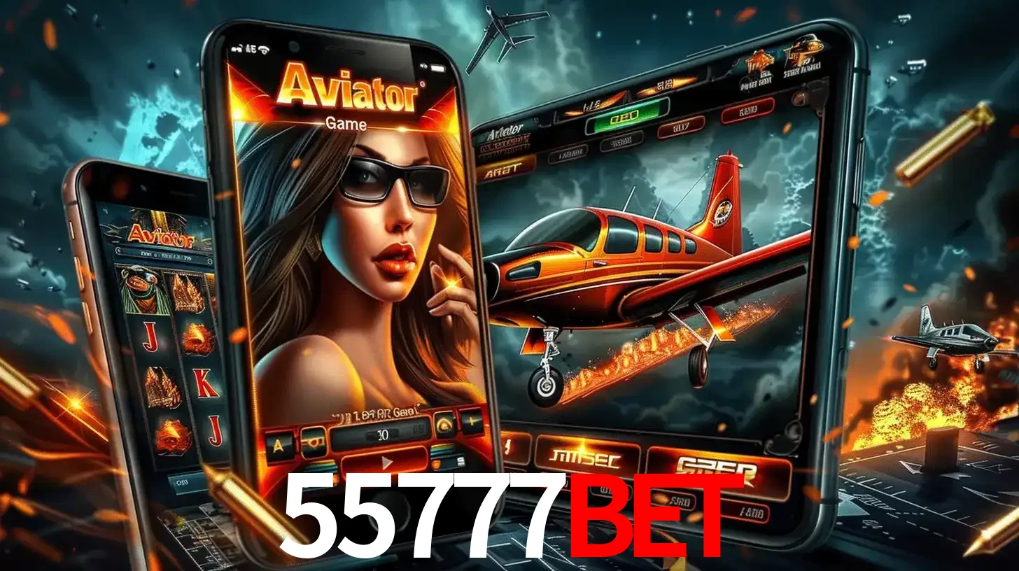 O popular jogo de apostas Aviator exibido em vários celulares e tablets, mostrando a interface emocionante e a ação de voo disponíveis para jogar agora no 55777BET.