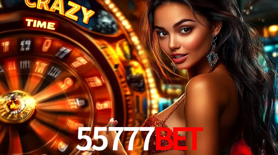 Mulher ao lado da roda de prêmios do jogo de cassino ao vivo Crazy Time, um dos shows de jogos mais emocionantes oferecidos pela plataforma de apostas 55777BET.