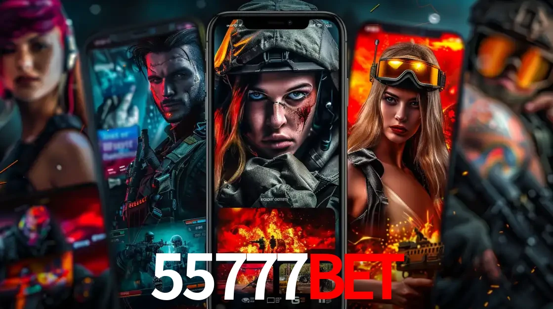 Montagem de telas de celular mostrando diversos personagens, masculinos e femininos, de um jogo de tiro, ilustrando a diversidade de equipes de e-sports para apostar no 55777BET.