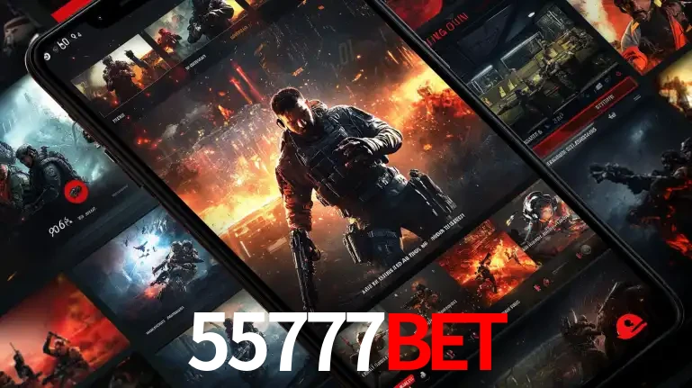 Tela de um celular exibindo uma galeria de jogos de tiro com temática militar, mostrando a variedade de e-sports disponíveis para apostas na plataforma de entretenimento 55777BET.
