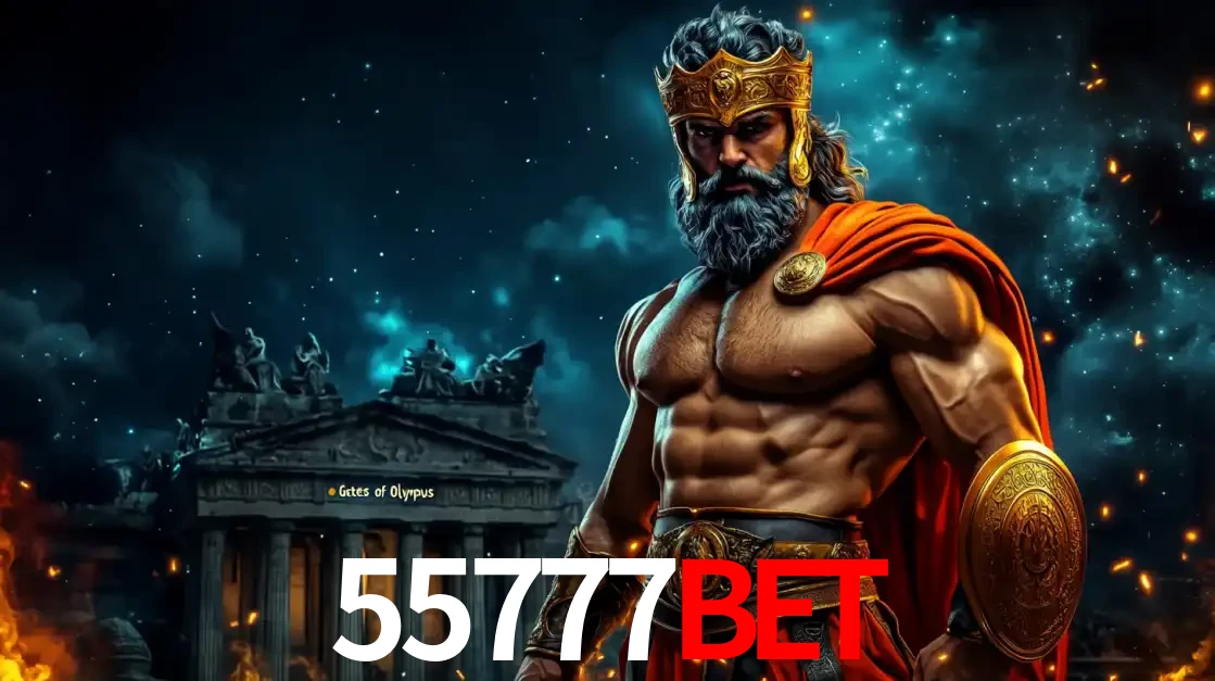 O poderoso Zeus do jogo de slot Gates of Olympus em frente ao seu templo, pronto para lançar multiplicadores divinos e prêmios épicos no cassino online 55777BET.