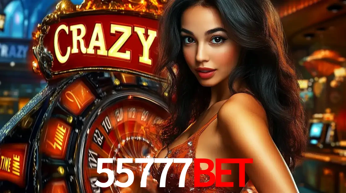 Mulher glamourosa olhando para a câmera com a roda vermelha do Crazy Time ao fundo em um ambiente de cassino, destacando a emoção dos jogos ao vivo no 55777BET.
