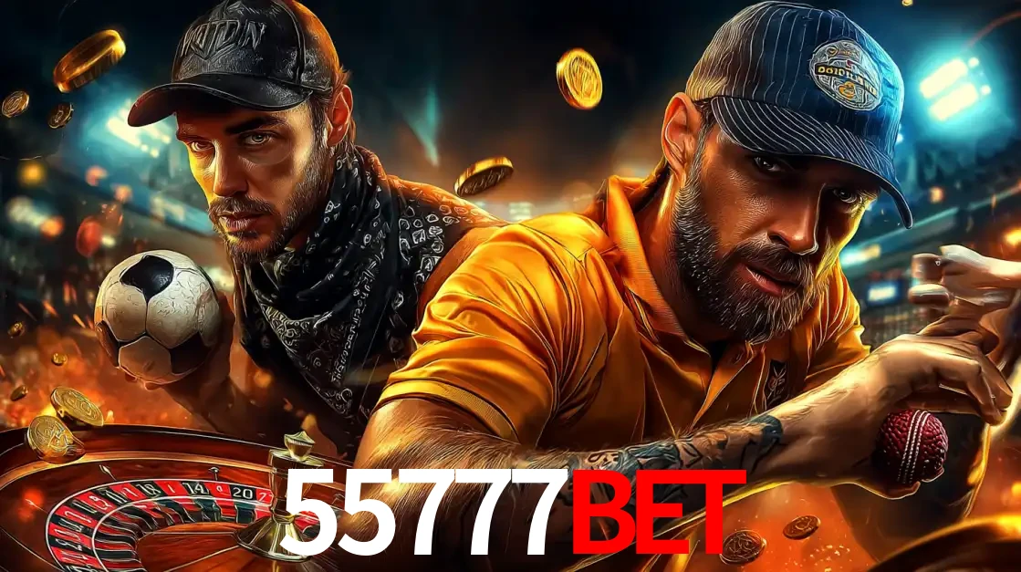 Montagem de apostas esportivas e cassino no 55777BET, com um homem segurando uma bola de futebol e outro uma de beisebol sobre uma roleta e moedas voadoras.