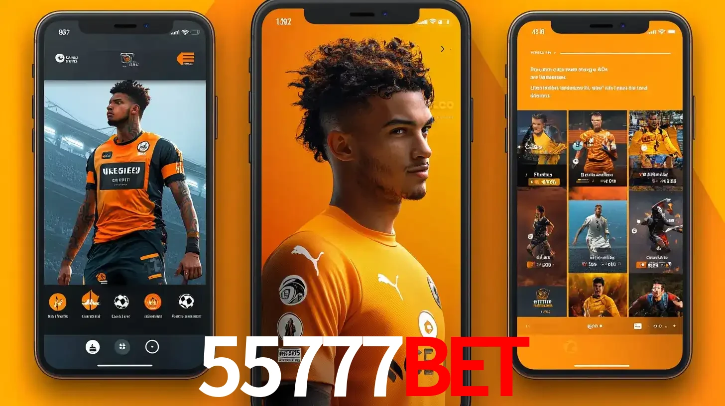 Interface do aplicativo de apostas esportivas 55777BET em três telas de celular, mostrando o perfil de um jogador de futebol e a lista de jogos disponíveis para apostar.
