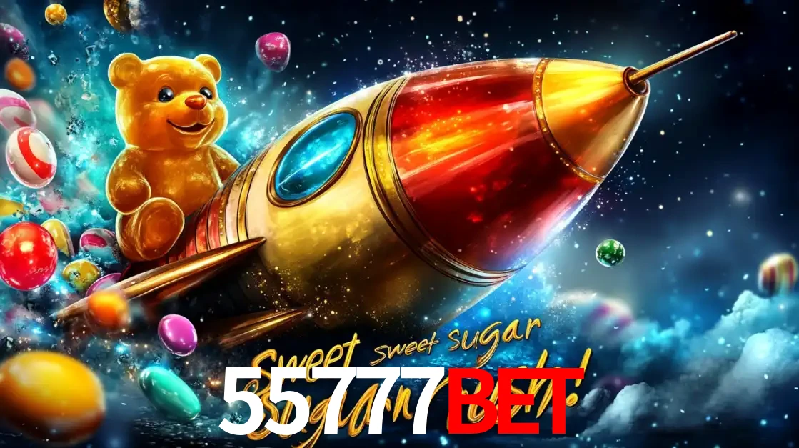 Arte promocional do jogo de slot Sugar Rush, com um urso de pelúcia em um foguete viajando pelo espaço de doces, um dos jogos divertidos disponíveis no cassino 55777BET.