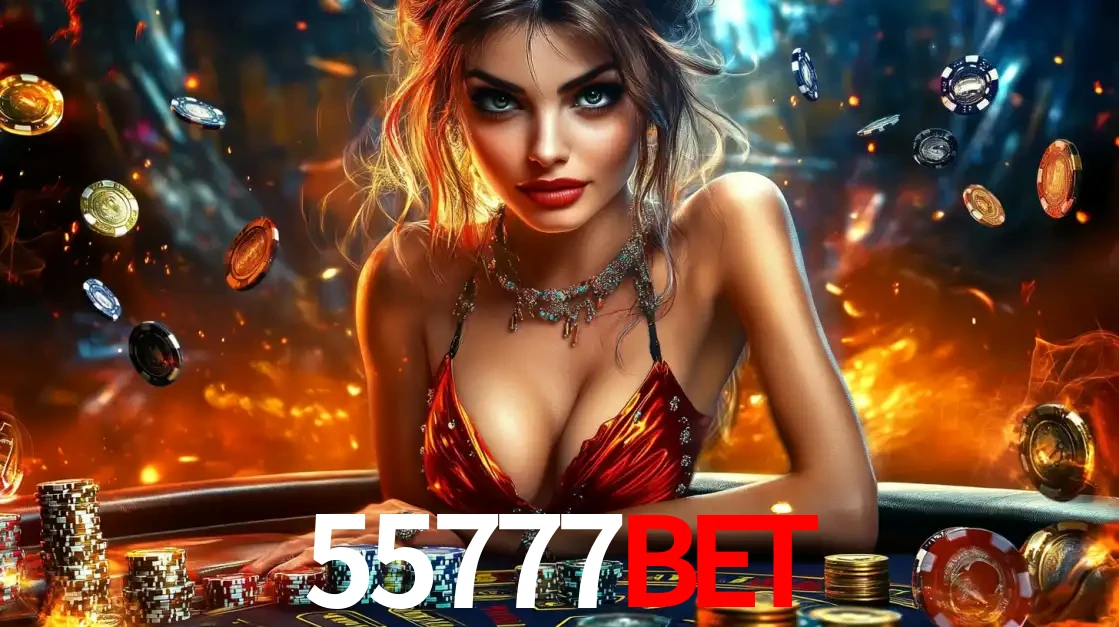 Mulher em uma mesa de cassino com pilhas de fichas e um fundo de fogo, pronta para uma rodada de altas apostas nos jogos de mesa emocionantes do cassino 55777BET.