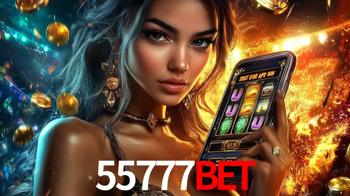 Mulher elegante mostrando um jogo de caça-níqueis em seu smartphone, destacando a experiência de cassino móvel oferecida pelo aplicativo 55777BET.