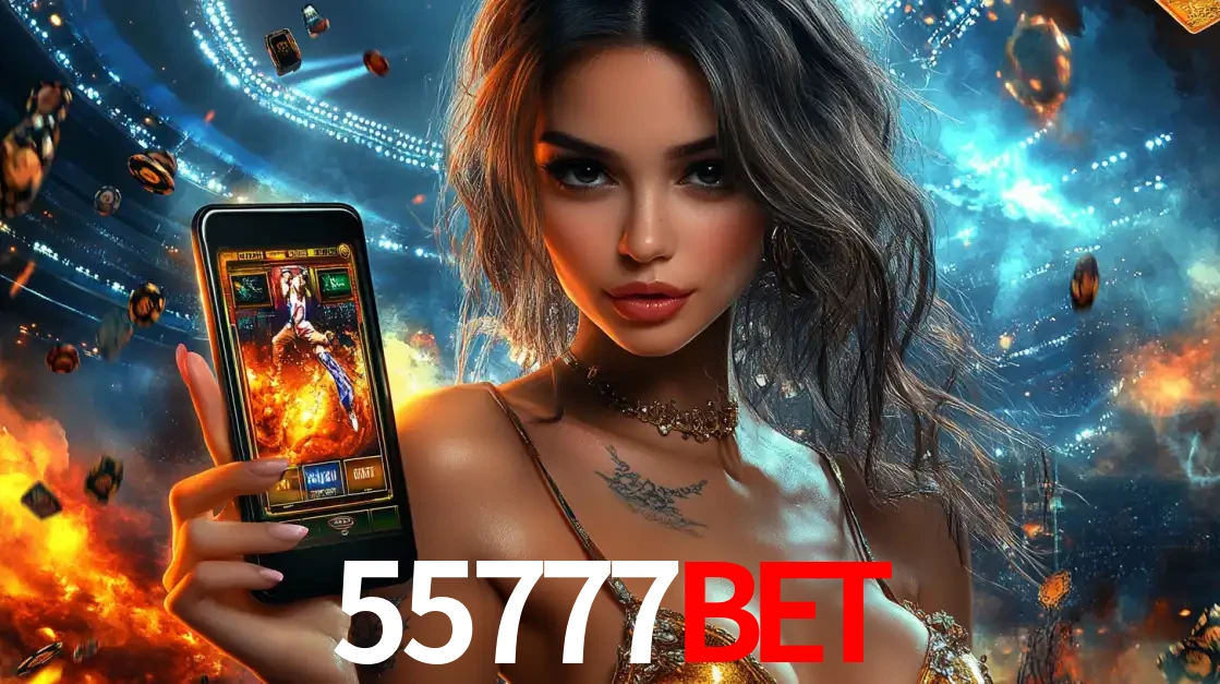 Mulher segurando um celular com um jogo de slot em destaque, tendo como fundo um estádio vibrante, simbolizando a emoção de jogar no cassino móvel 55777BET.