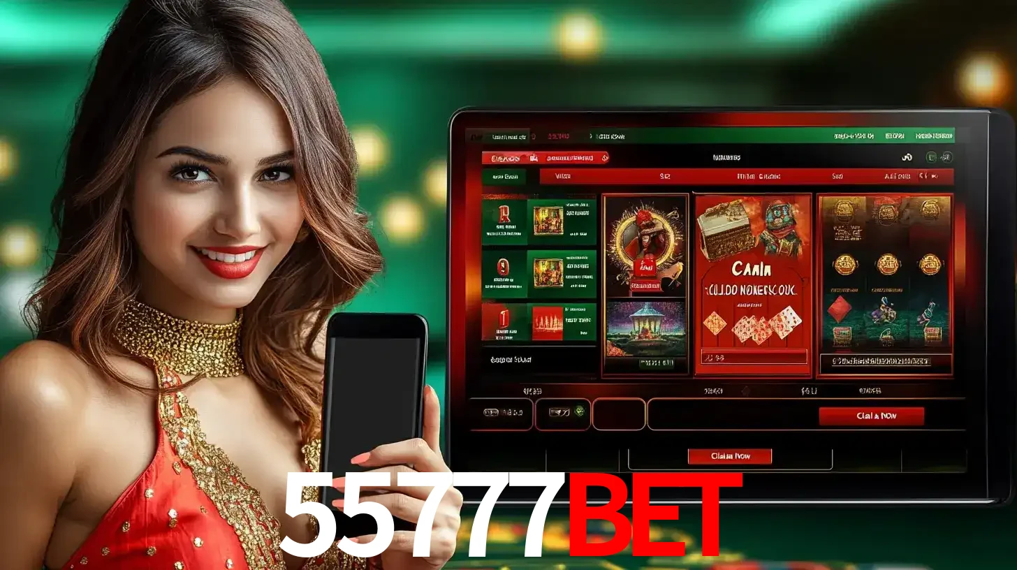 Mulher sorridente segurando um smartphone, ao lado de uma tela exibindo o lobby de jogos do cassino online 55777BET, com várias opções de jogos de cartas e slots.
